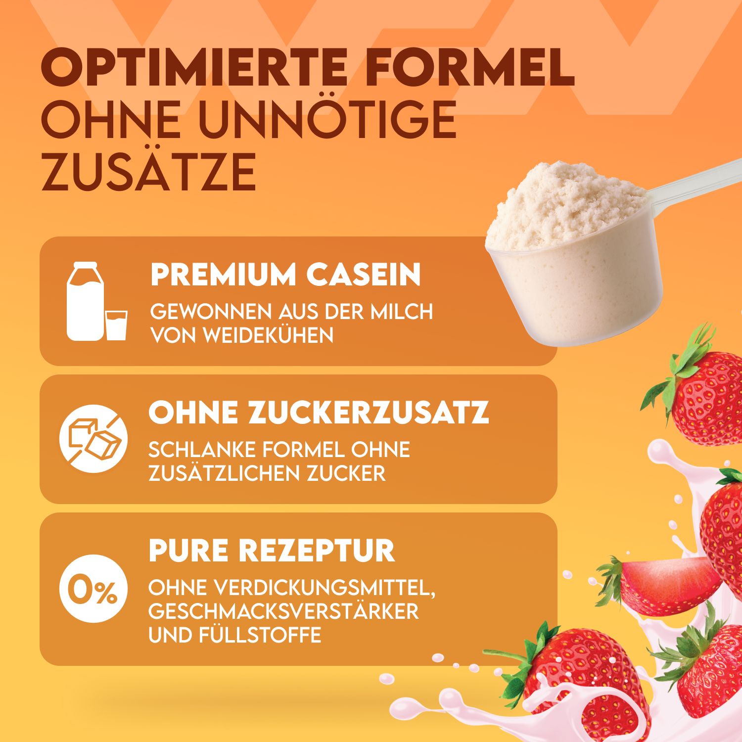Löffel mit Casein-Pulver. Text: Premium Casein, gewonnen aus Milch von Weidekühen, ohne Zuckerzusatz, Pure Rezeptur.