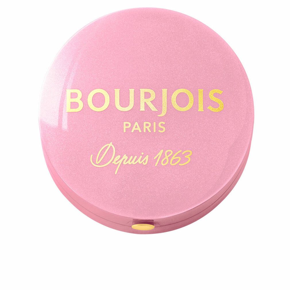 Runder, rosa Make-up-Kompaktpuder. Goldfarbener Schriftzug: BOURJOIS PARIS, Depuis 1863. Geschlossener Deckel.