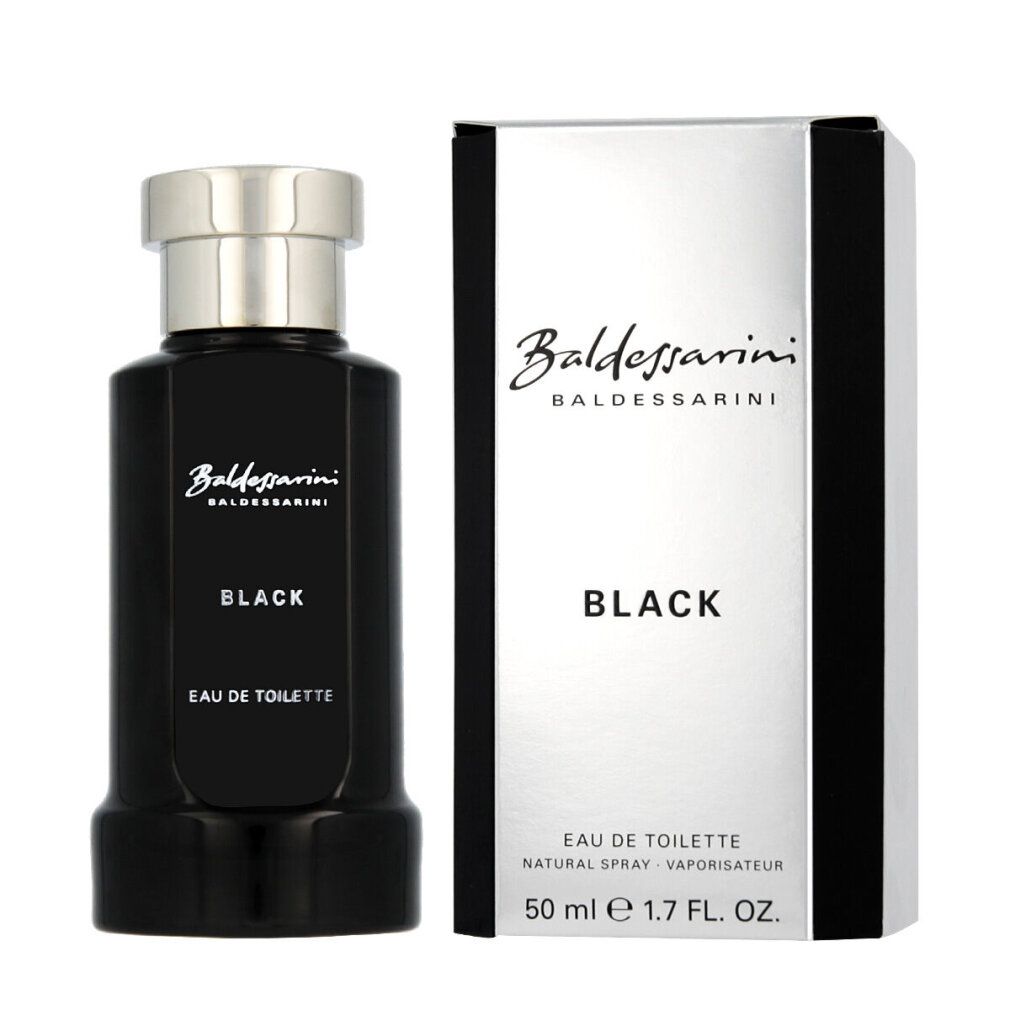 Baldessarini Black Eau de Toilette 50ml Flakon neben der silbernen und schwarzen Verpackung.