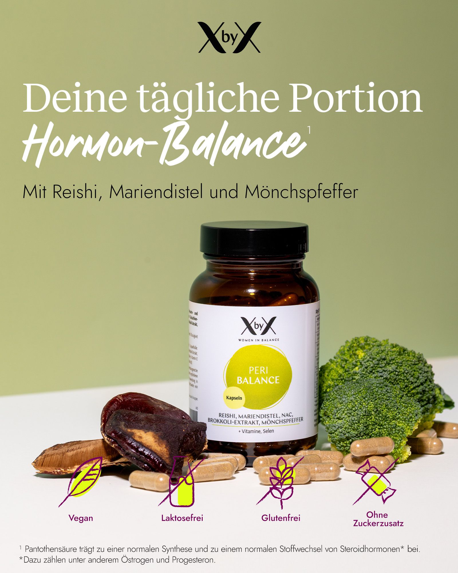XbyX Peri Balance Kapseln Flasche mit Brokkoli, Datteln und Kapseln, vegan, laktosefrei, glutenfrei, ohne Zuckerzusatz.