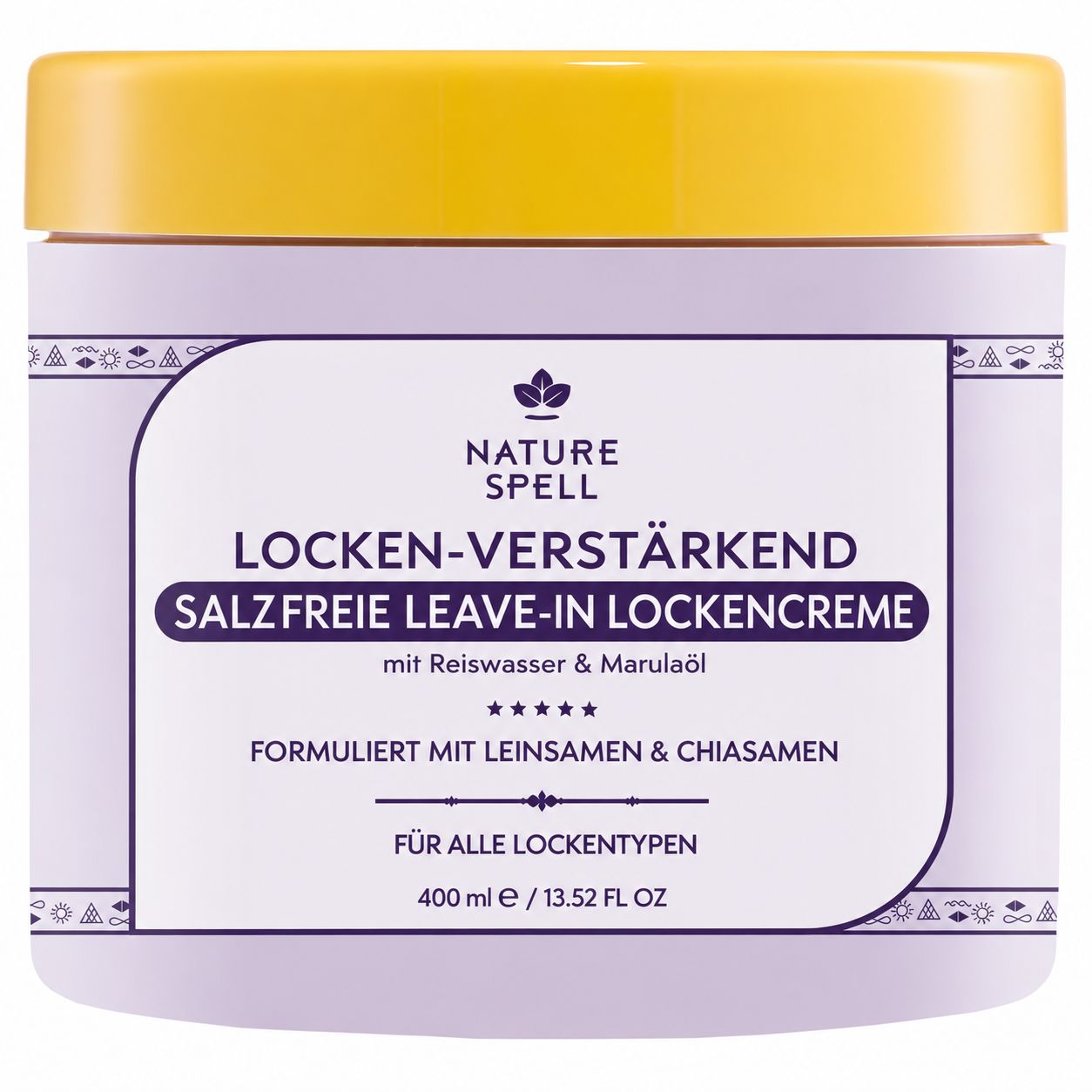 Lila Tiegel mit gelbem Deckel, NATURE SPELL, LOCKEN-VERSTÄRKENDE SALZFREIE LEAVE-IN LOCKENCREME.
