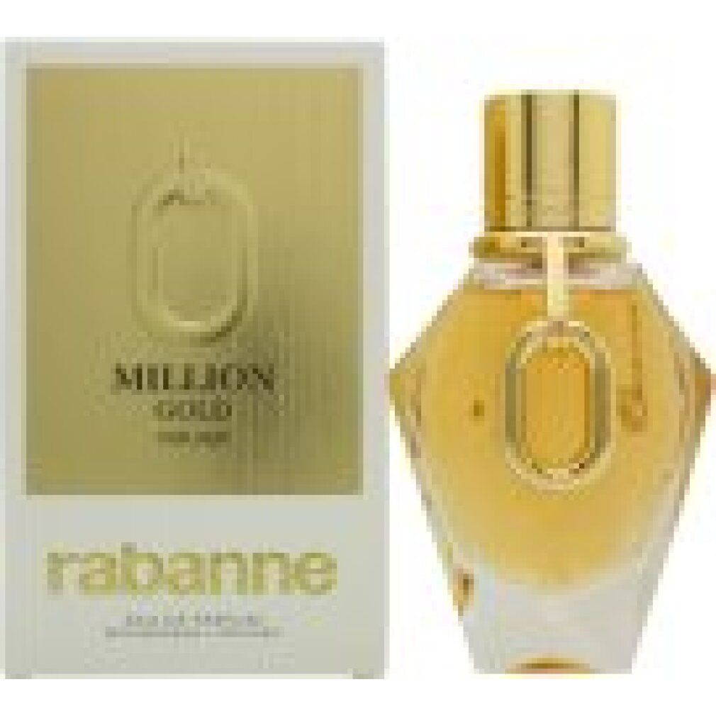 Goldfarbener Flakon und Verpackung. Aufschrift: Million Gold for Her, Rabanne. Eau de Parfum Spray, nachfüllbar.