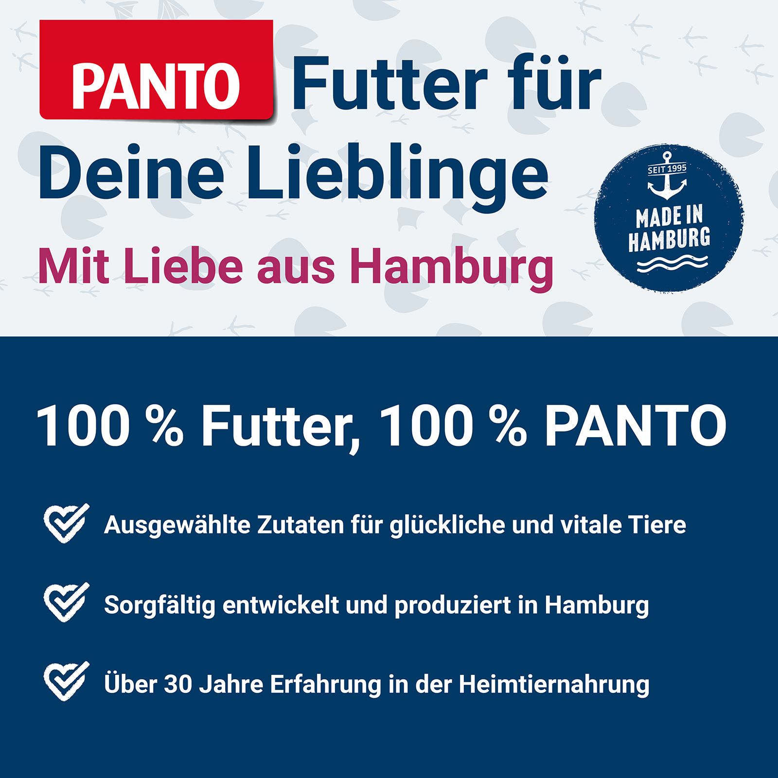 Blaues Schild: PANTO Futter für Deine Lieblinge. Mit Liebe aus Hamburg. 100% Futter. Logos und Text.