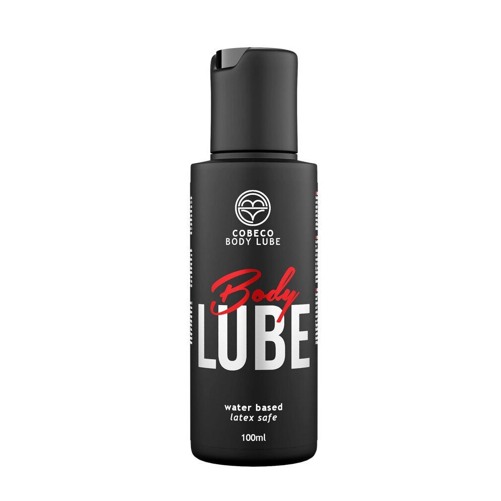 Schwarze Flasche Cobeco Body Lube, 100ml. Wasserbasiert, latextauglich.