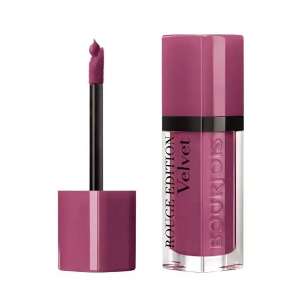 Lippenstift mit Applikator. Flasche mit rosafarbenem Deckel und schwarzem Stiel. Aufschrift: Rouge Edition Velvet.