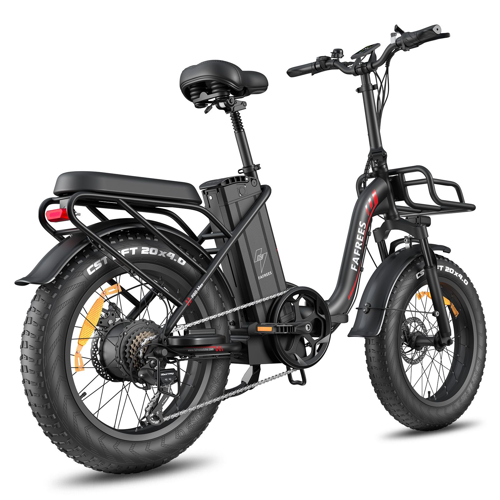 Schwarzes Falt-E-Bike mit breiten Reifen, Gepäckträger und Korb. Marke FAFREES.