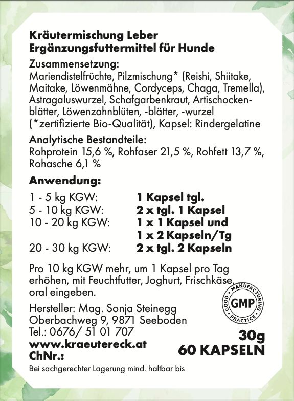 Etikett mit Produktinformationen: Kräutermischung Leber, Ergänzungsfuttermittel für Hunde, Inhaltsstoffe, Anwendung, Hersteller.