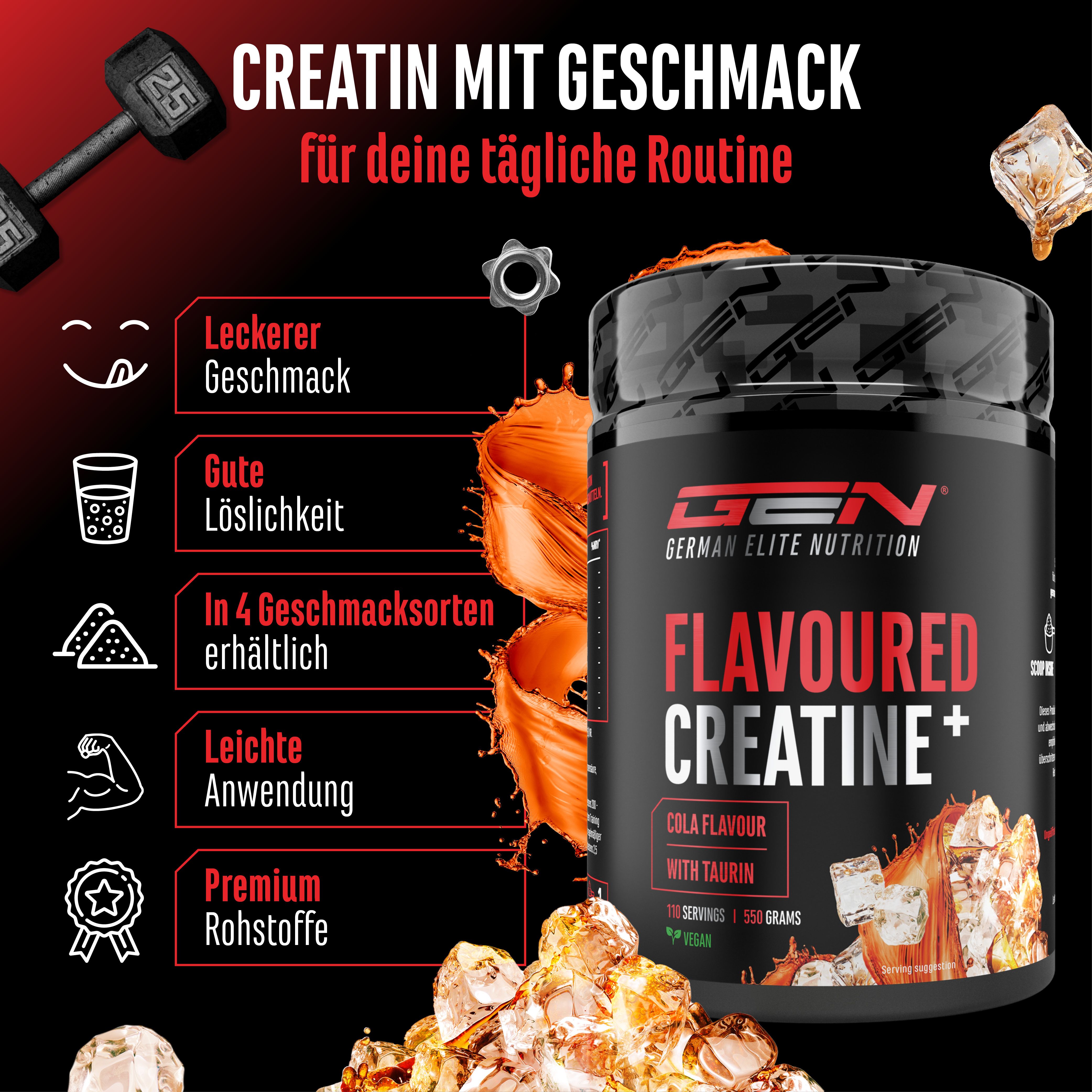 Dose "Flavoured Creatine+" mit Geschmacksangaben. In 4 Geschmacksorten erhältlich. Gute Löslichkeit. Premium Rohstoffe.