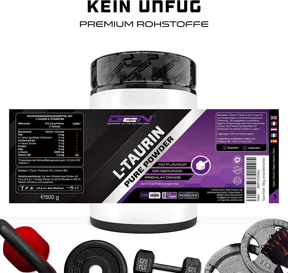 Produktverpackung von L-Taurin Pure Powder. Weiße Dose mit lila Etikett. Enthält 500g, 100 Portionen, Premium Grade, No Flavour. Marke: GEN.