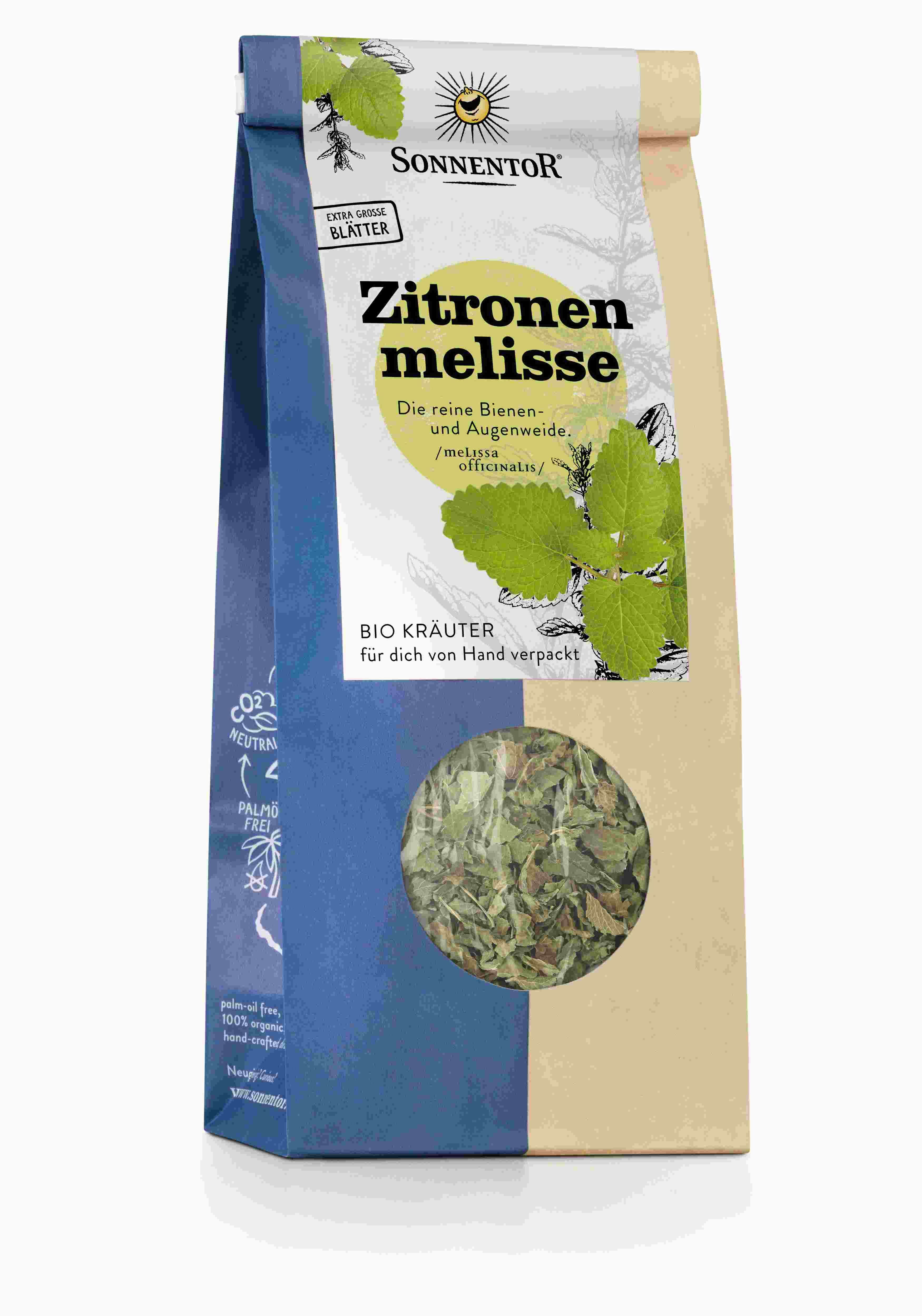 Beutel mit Zitronenmelisse-Kräutern. Sichtfenster zeigt getrocknete Blätter. Aufschrift: SonnentoR, BIO KRÄUTER.
