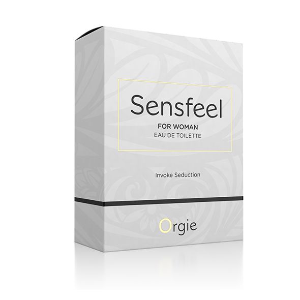 Weiße Verpackung mit Sensfeel-Schriftzug. Text: FOR WOMAN, Eau de Toilette, Invoke Seduction. Orgie-Logo unten. Floral Muster.