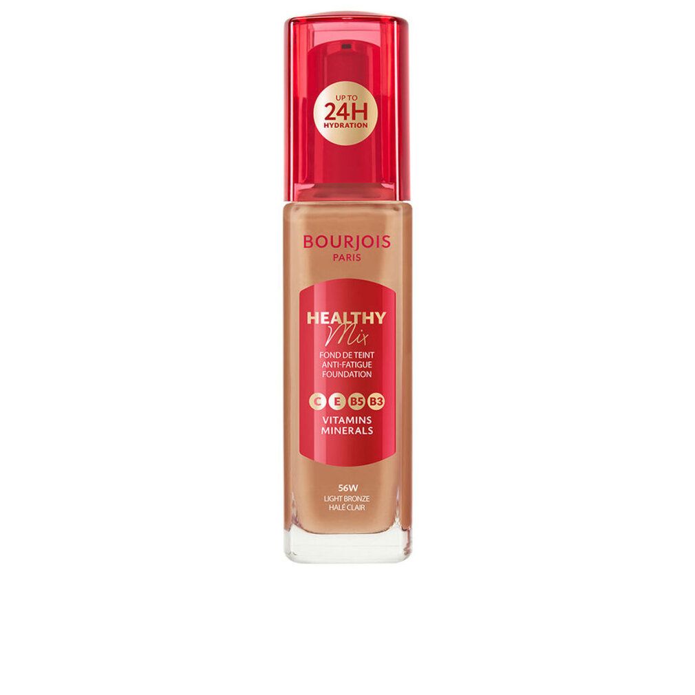 Make-up-Basis mit rotem Deckel. Aufschrift: Bourjois Paris, Healthy Mix, Anti-Fatigue Foundation. Farbton: 56W Light Bronze.