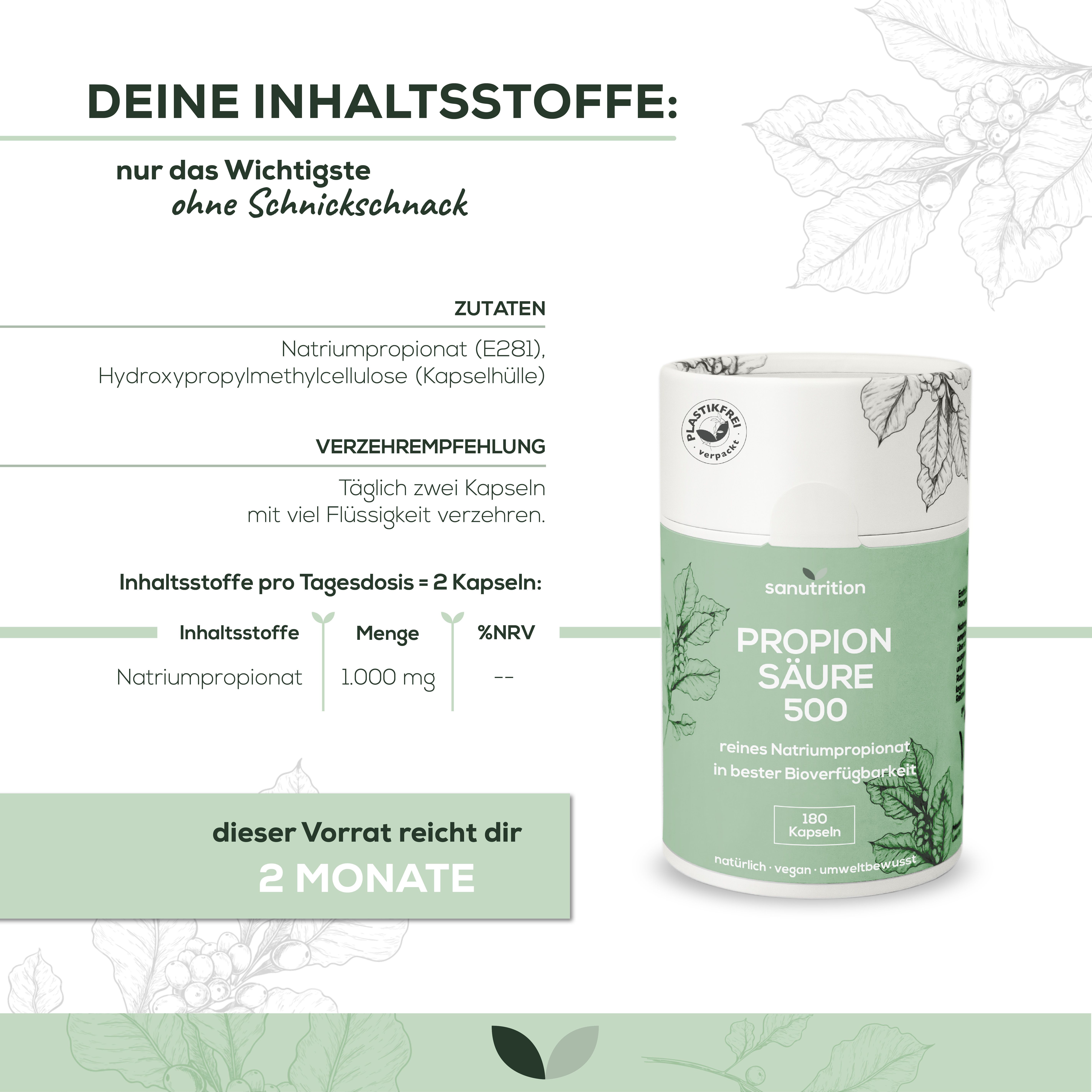 Produktabbildung mit Text: "Deine Inhaltsstoffe". Dose "Propionsäure 500" neben Zutatenliste. 180 Kapseln.