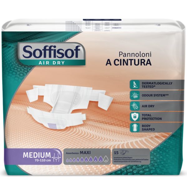Verpackung Soffisof Inkontinenzschutz mit Hüftbund Maxi. Medium, 70-110 cm. 15 Stück. Dermatologisch getestet, Air Dry, Geruchskontrolle, Totaler Schutz, Body Shaped.