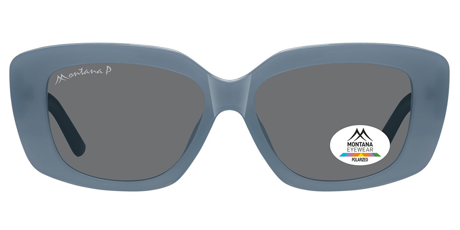 Blaue Sonnenbrille mit dunklen Gläsern. Auf dem linken Bügel steht "Montana". Auf dem rechten Glas befindet sich ein Aufkleber mit Logo und "Polarized".