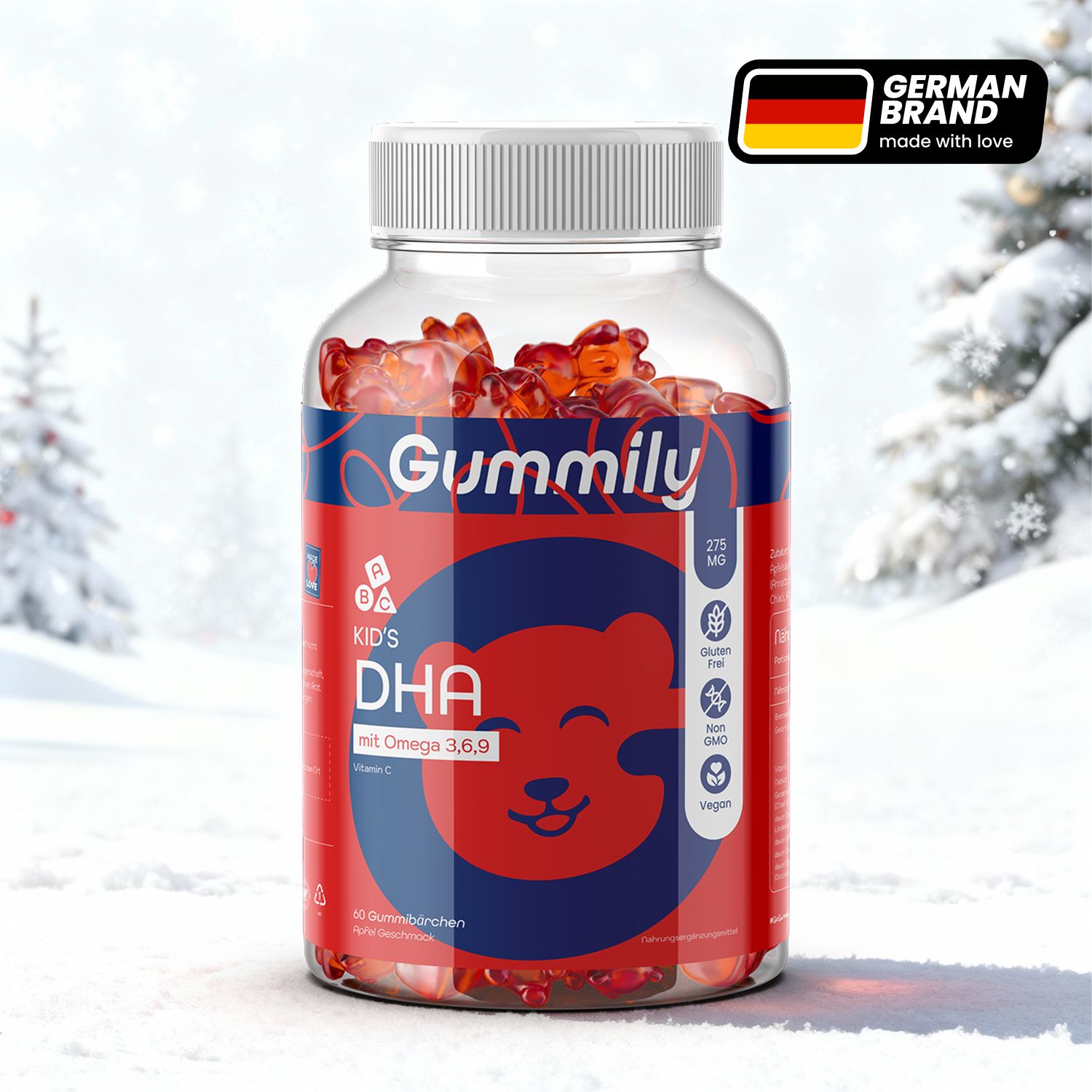 Gummily Kinder DHA Flasche mit Gummibärchen. Roter Aufkleber mit Produktinformationen. Deutsches Markenlogo.