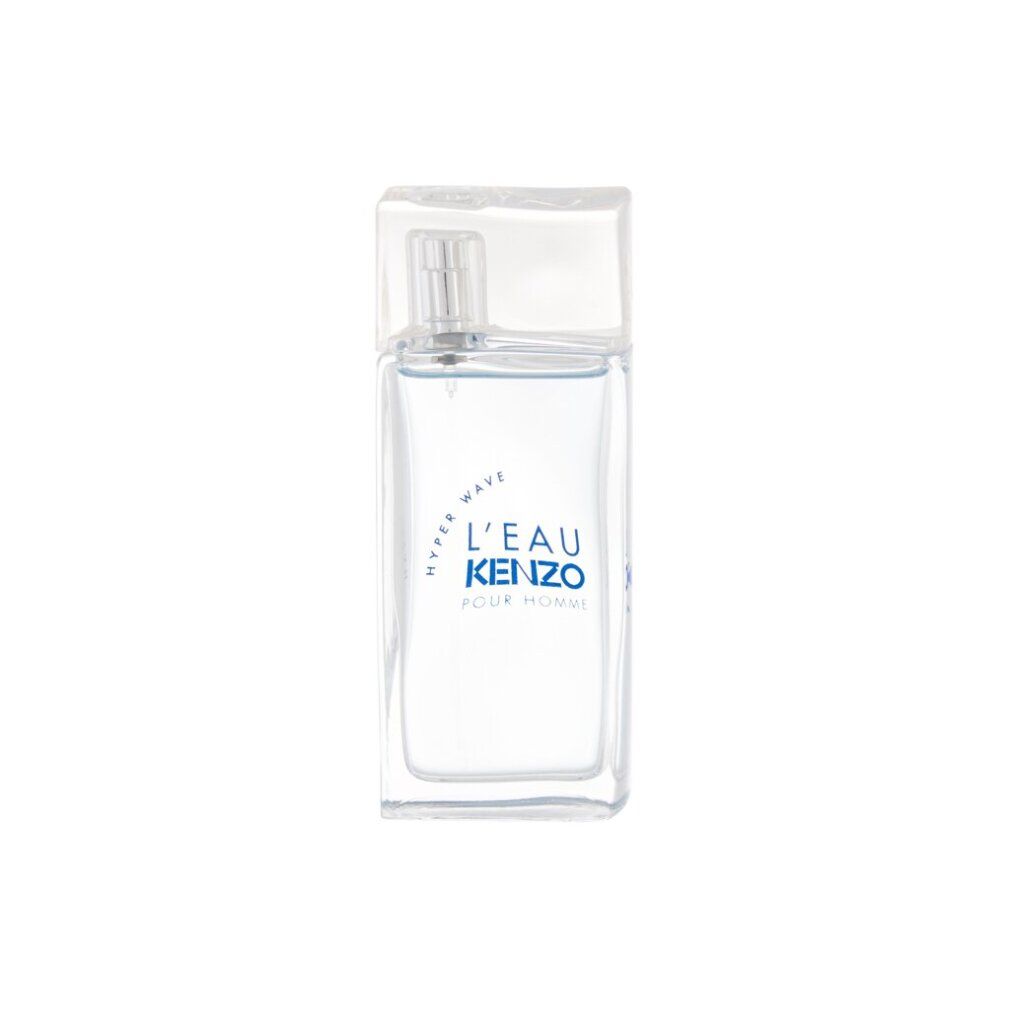 Transparenter Flakon mit blauem Etikett. Aufschrift: L'EAU KENZO POUR HOMME.