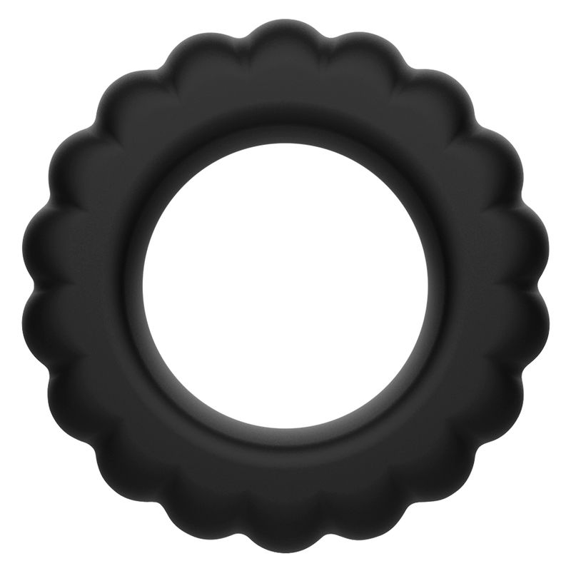 Schwarzer Penisring aus Silikon mit einer Oberfläche aus kleinen Blüten. Runde Form mit einem Loch in der Mitte.