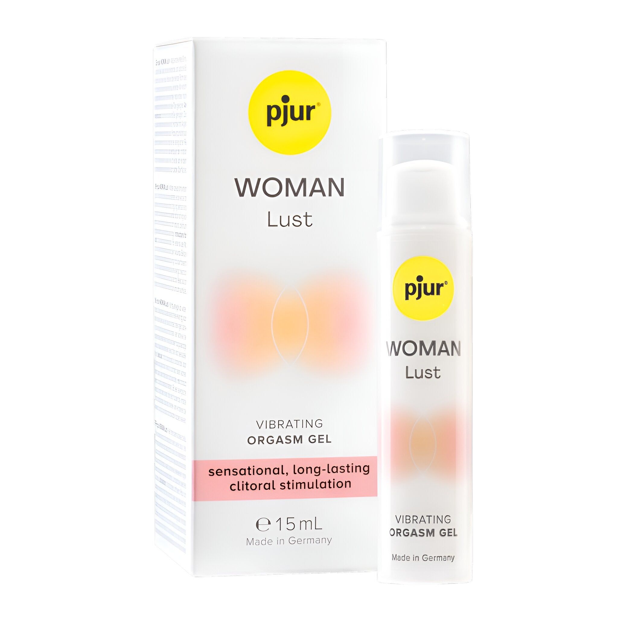 Produktverpackung und Flasche. Aufschrift: pjur WOMAN Lust, Vibrating Orgasm Gel. Rosa-orangefarbene Abbildung. 15 ml.