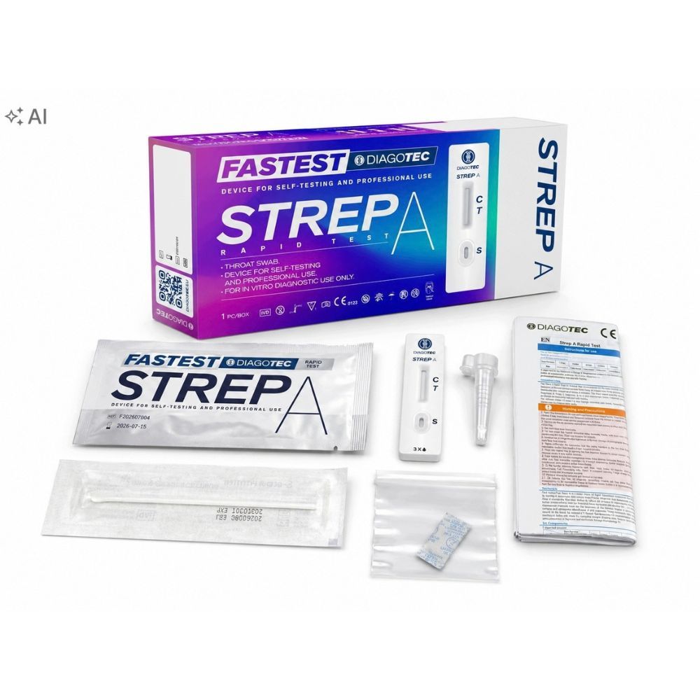 Strep A Schnelltest-Box mit Rachenabstrich-Set und kostenloser Nanovio FFP2-Maske.