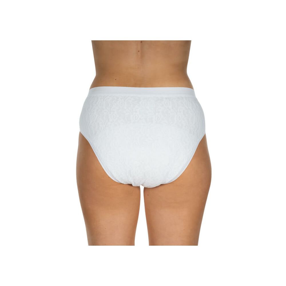 Weißer Spitzenslip. Rückansicht. Floral gemustert. Mittlerer Beinausschnitt.