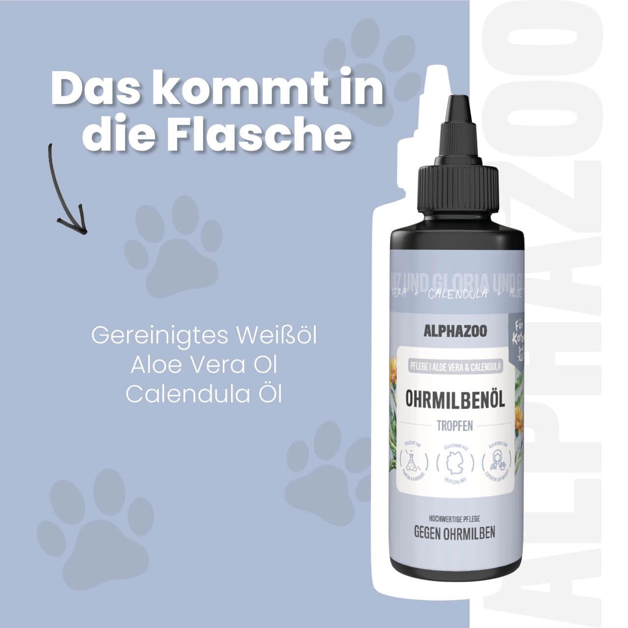 Flasche mit Ohrmilbenöl. Text: Gereinigtes Weißöl, Aloe Vera Öl, Calendula Öl. Text: Alphazoo Ohrmilbenöl, Tropfen. Gegen Ohrmilben.