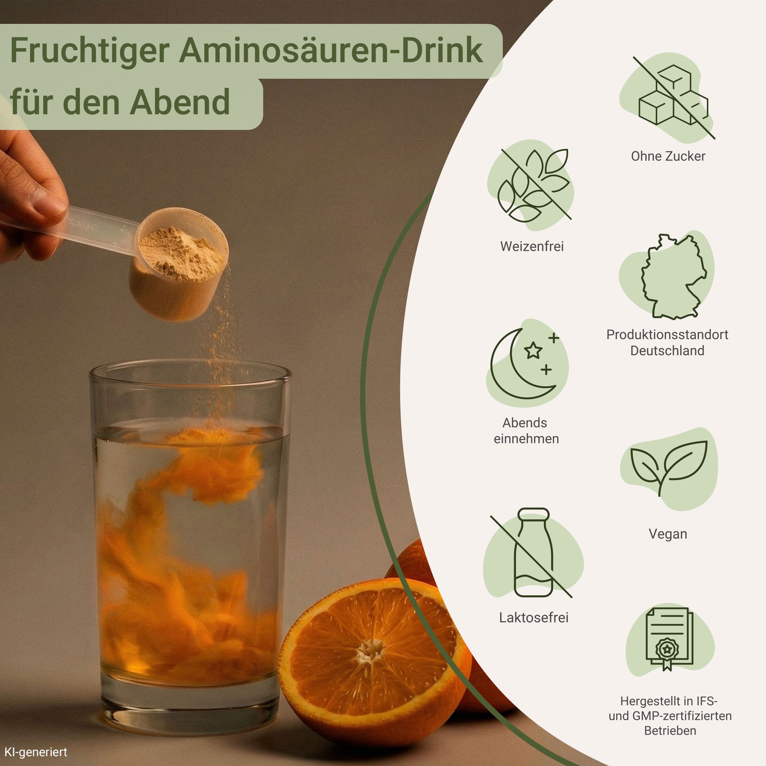 Pulver wird in ein Glas Wasser geschüttet, daneben eine halbe Orange und Icons.
