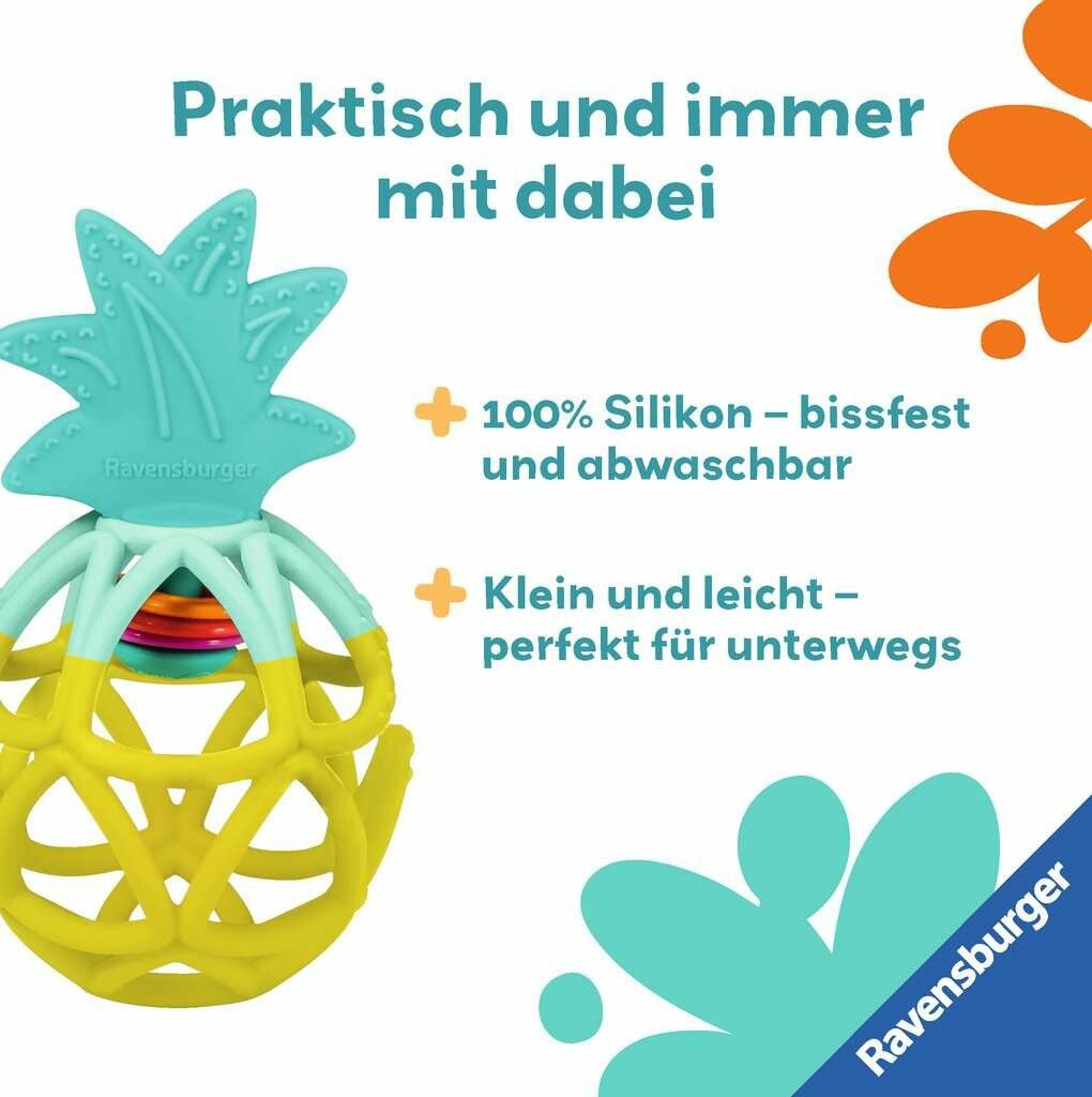 Ananas-Greifling aus 100% Silikon. Gelb-türkise Form. Text: 'bissfest und abwaschbar', 'klein und leicht - perfekt für unterwegs'.
