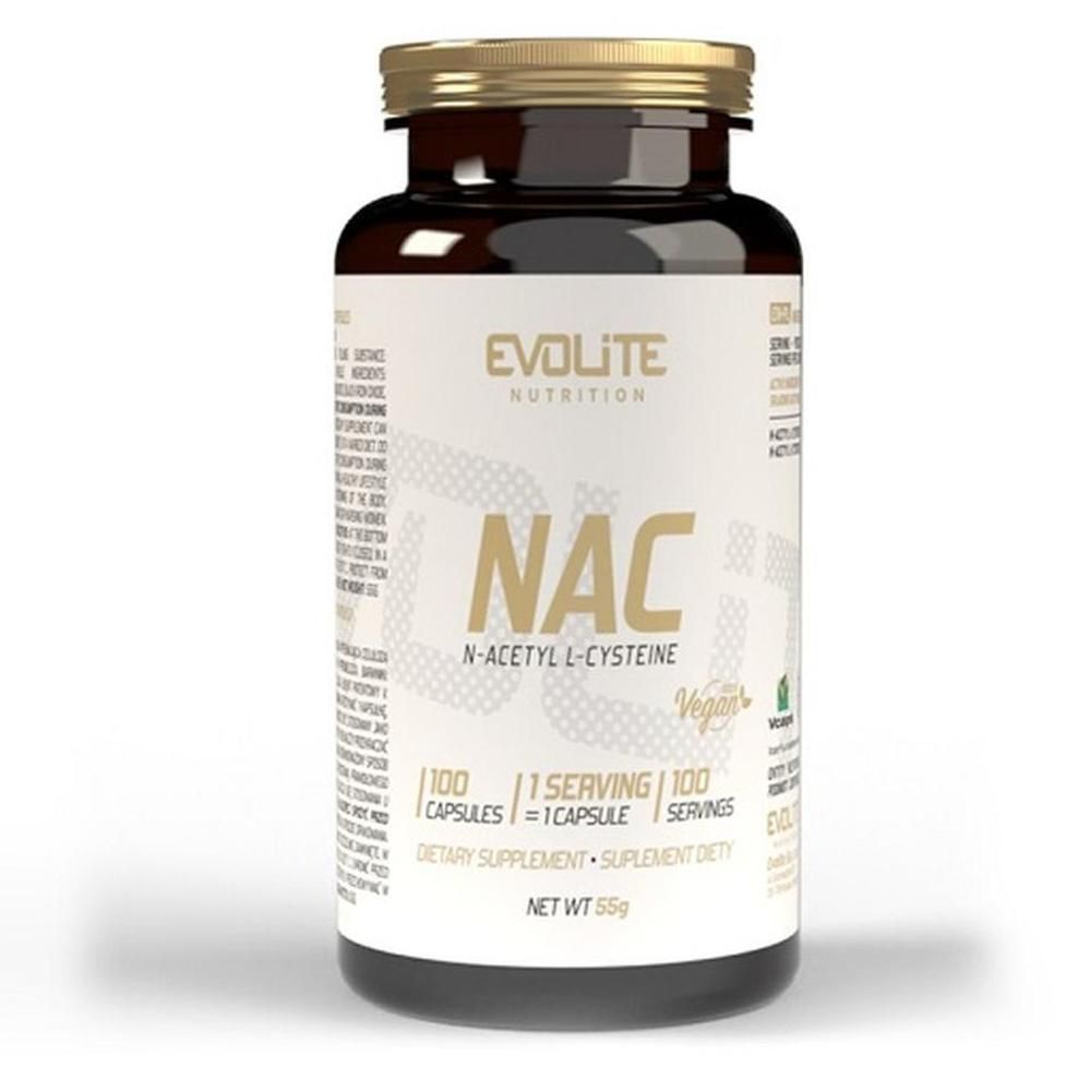 Braune Flasche mit goldfarbenem Deckel. Aufschrift: NAC, N-Acetyl L-Cysteine, Vegan. Enthält 100 Kapseln. Netto-Gewicht 55g.