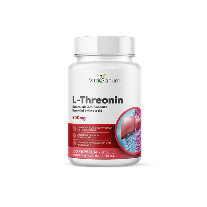 VitaSanum L-Threonin Kapseln: 100 Kapseln, 50g. Enthält 500mg L-Threonin pro Kapsel. Mit Leberabbildung.