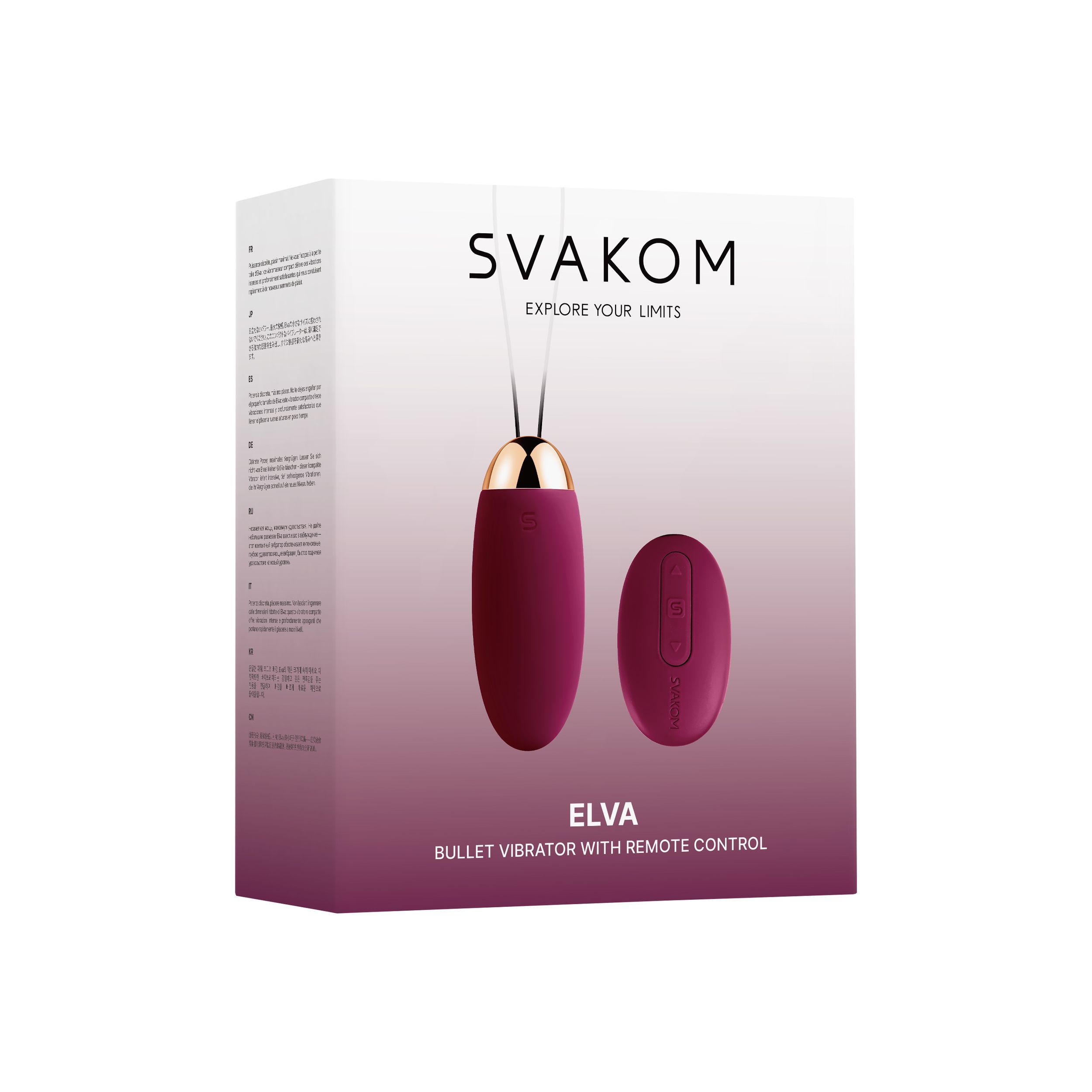 Verpackung mit SVAKOM-Logo und Produktnamen ELVA. Das Produkt ist lila und goldfarben. Auf der Verpackung steht 'Bullet Vibrator'.