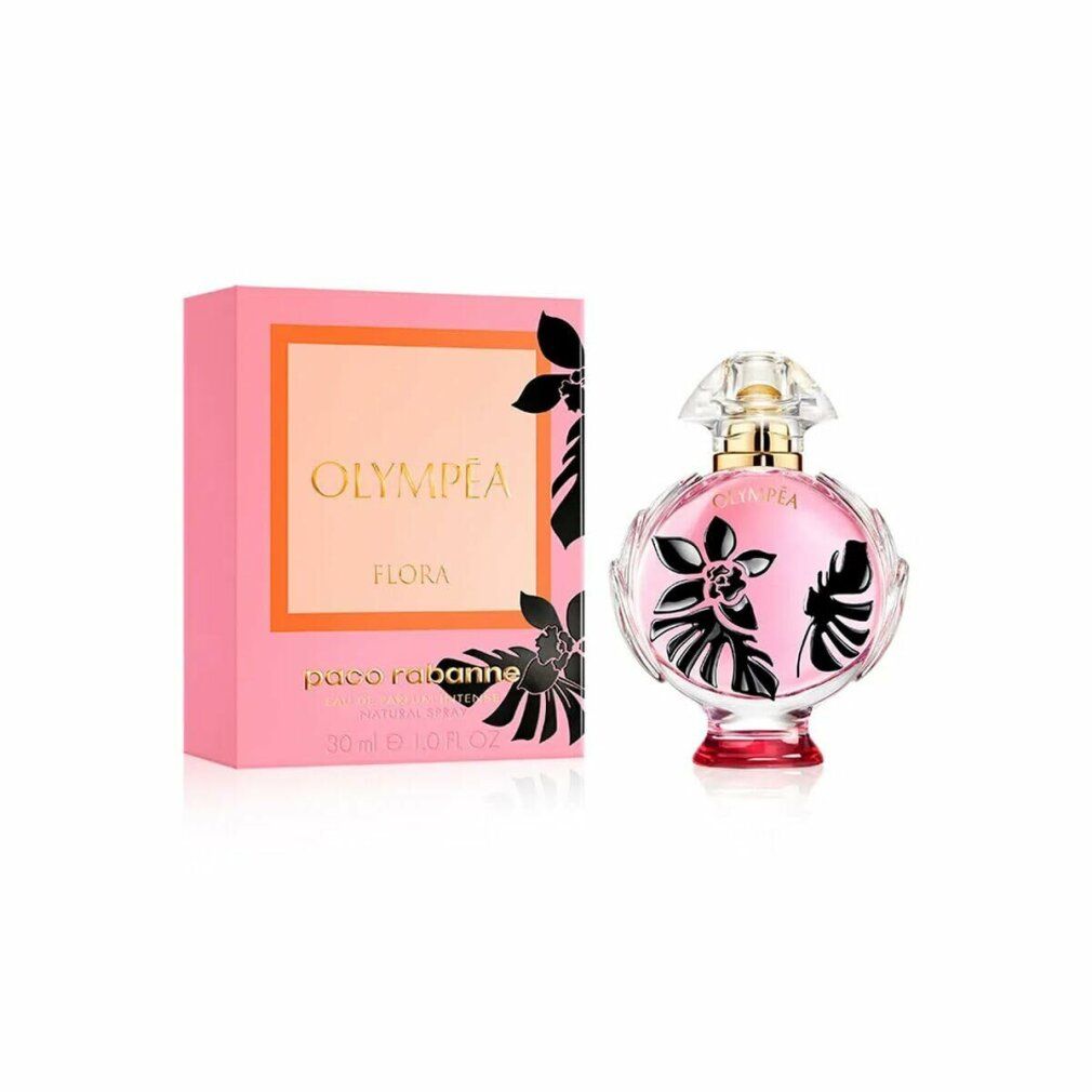 Rosa Flakon und Verpackung. Aufschrift OLYMPÉA FLORA. Schwarze Blumenmuster. 30 ml. Natürliches Spray.