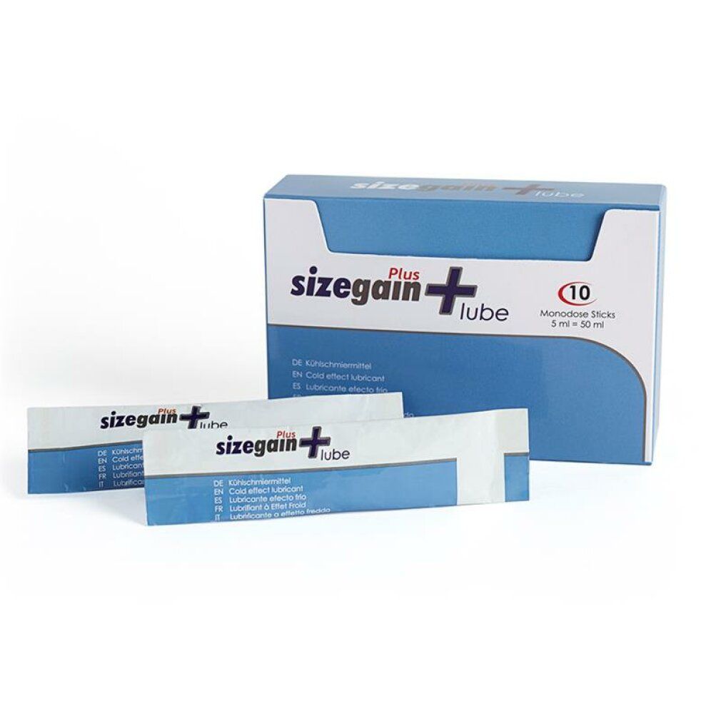 Packung mit 10 Monodosen 'Sizegain Plus Lube' mit Kühleffekt.