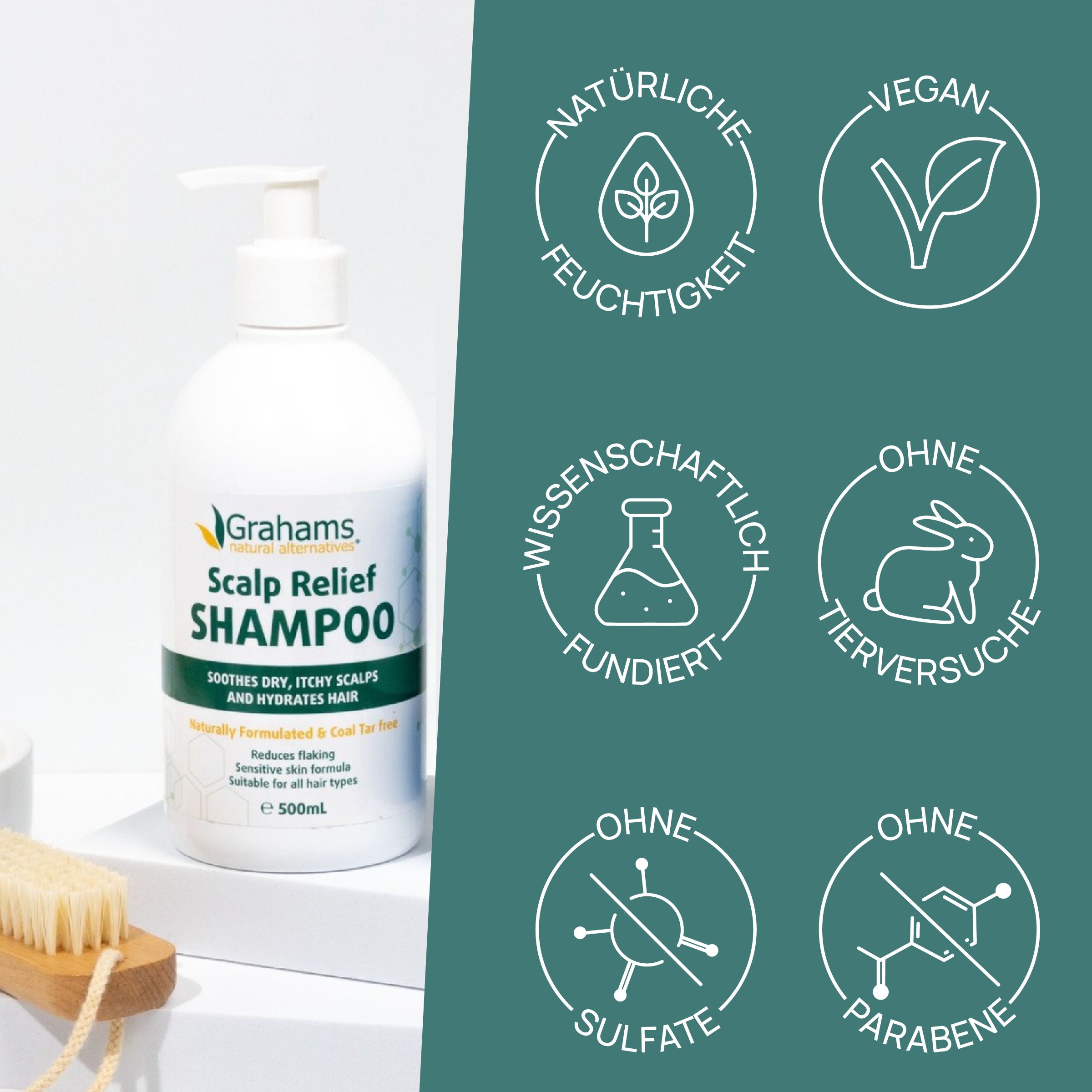 Weiße Flasche mit Pumpe. Text: Scalp Relief Shampoo. Vegan, ohne Tierversuche, ohne Sulfate und Parabene. Natürliche Feuchtigkeit.