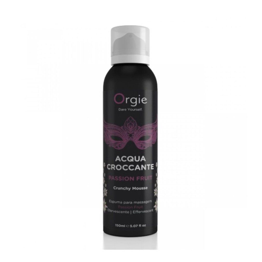 Orgie Acqua Croccante Knister-Schaum Passionsfrucht 150 ml, schwarze Dose mit Masken-Design.