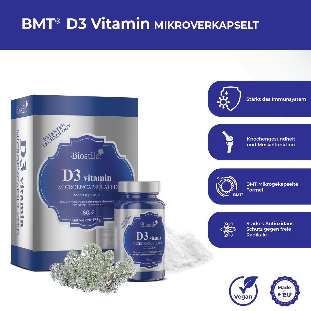Biostile BMT D3 Vitamin: Karton, Fläschchen, Magnesiumkristalle und Pulver.