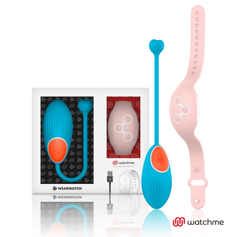 Blaues Wearwatch Vibro-Ei mit orangefarbenem Knopf, Herz-Anhänger, Ladekabel und pinkem Armband.