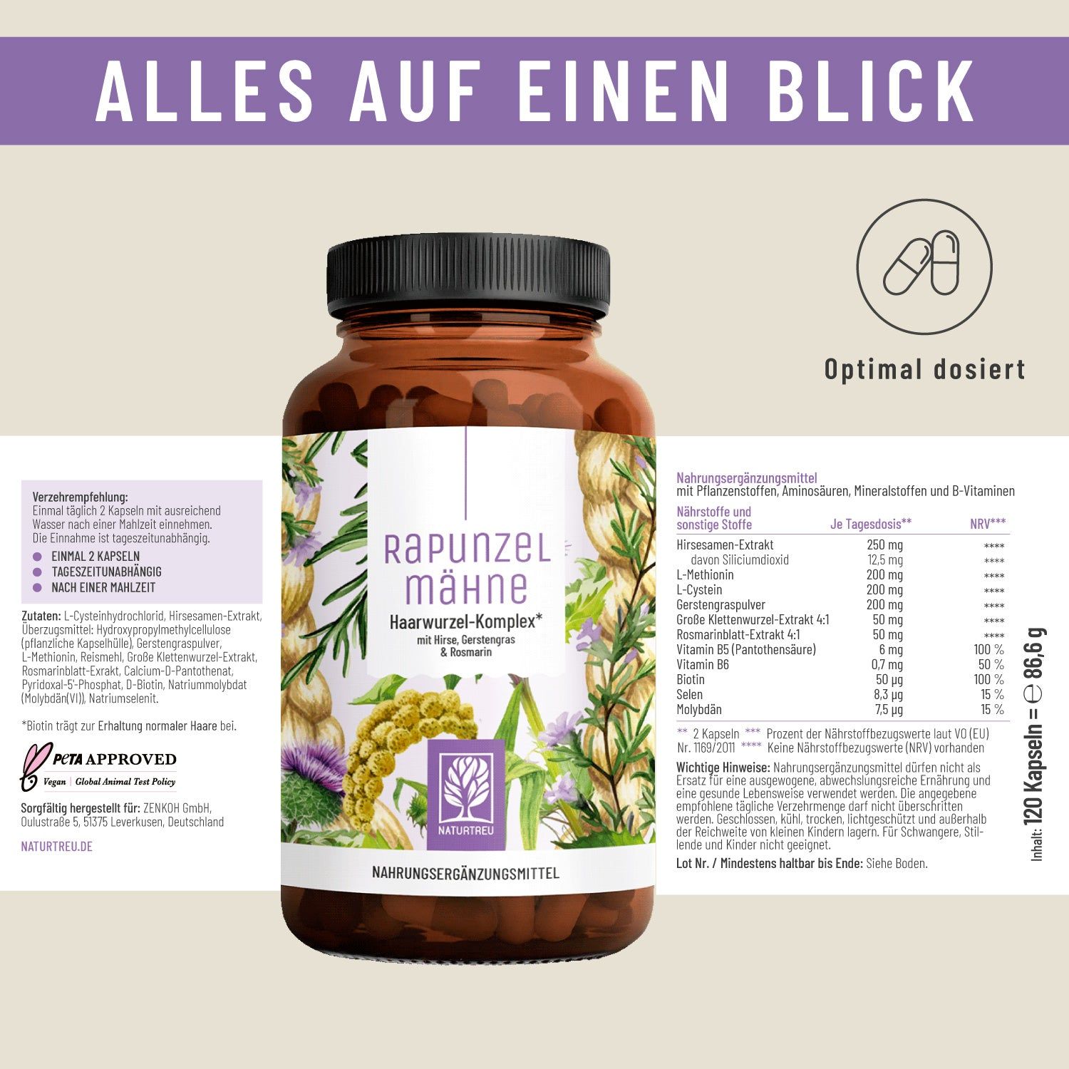 Braune Flasche mit Etikett und Inhaltsangaben. Text: Rapunzelmähne, Haarwurzel-Komplex. Logo NATURTREU®. PETA-Logo. 120 Kapseln.
