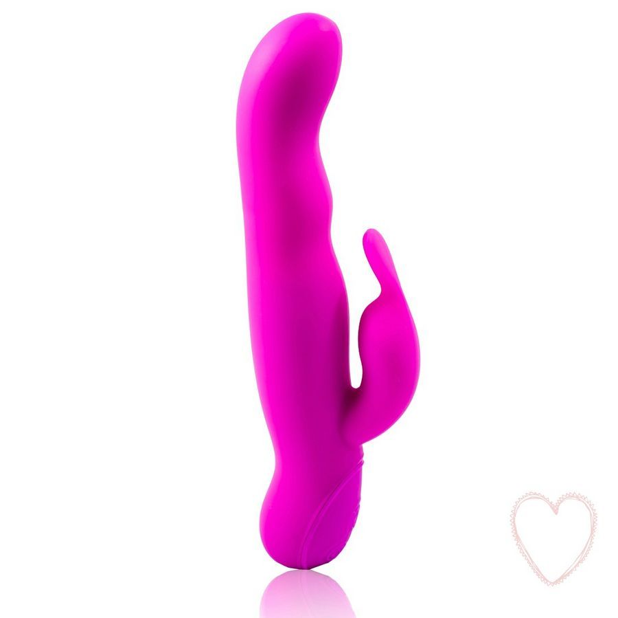 Lila Vibrator mit gebogener Form und Herzsymbol.