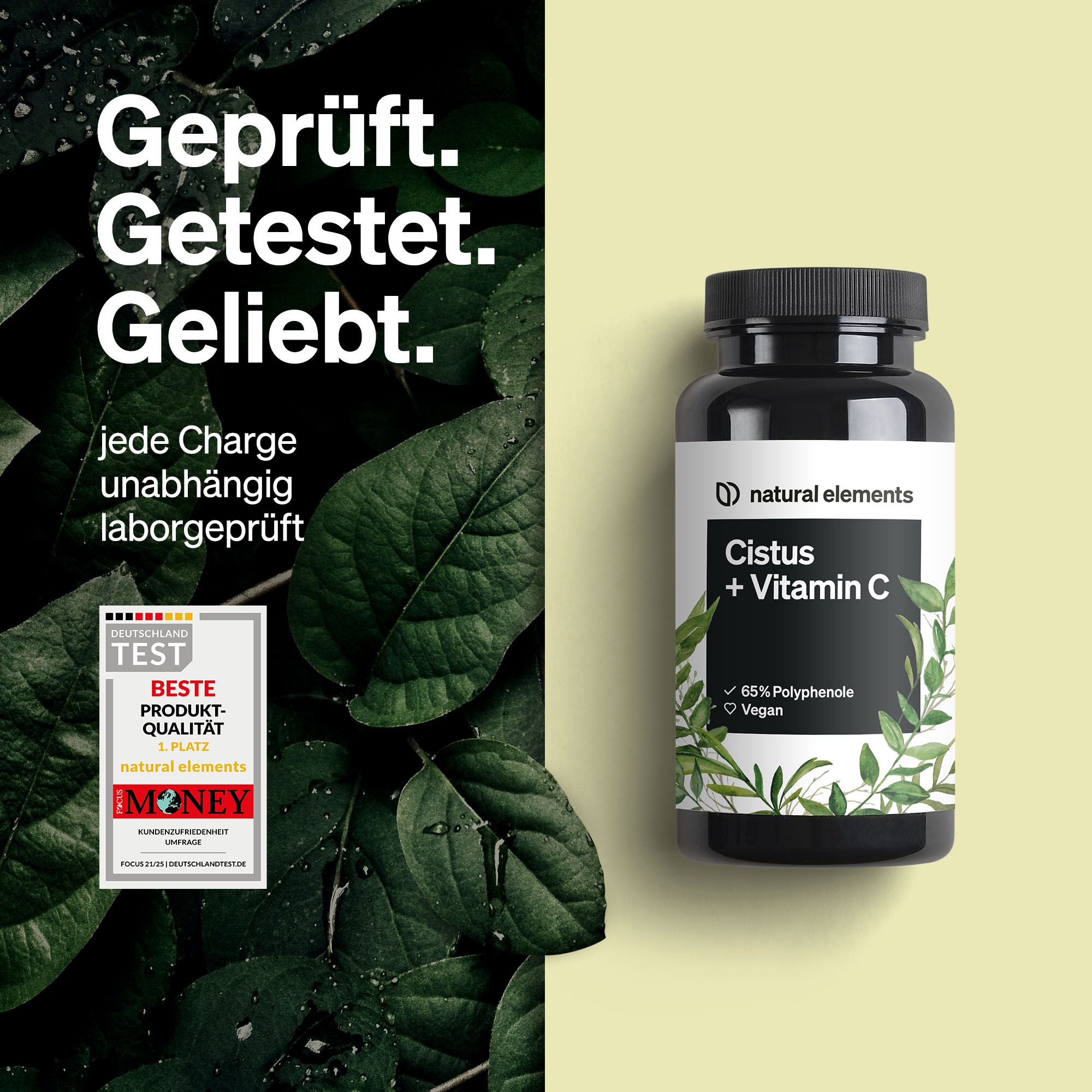 Schwarze Flasche mit weißen Etikett. Text: Cistus + Vitamin C. Logo: Beste Produkt-Qualität. Hintergrund: grüne Blätter.