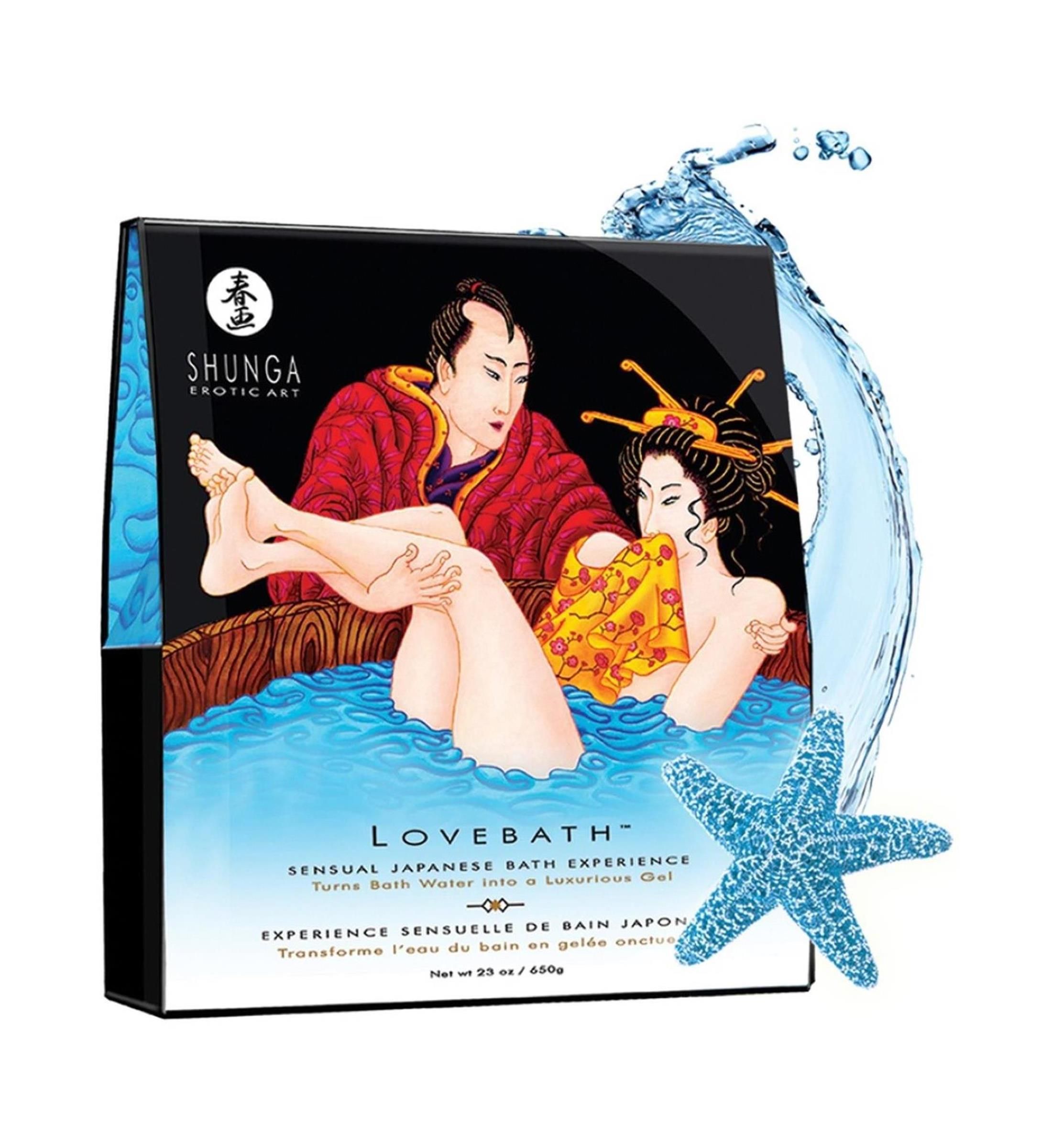 Verpackung mit Illustration eines Paares in einer Badewanne. Text: LOVEBATH, japanische sinnliche Badeerfahrung. Marke: SHUNGA. Wasser und Seestern.