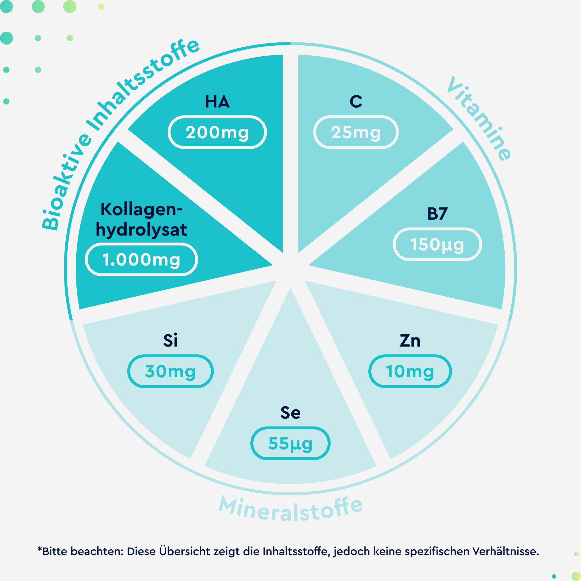 Kreisförmige Grafik mit Inhaltsstoffen: Kollagenhydrolysat, HA, Vitamin C, B7, Zink, Selen. Text: Bioaktive Inhaltsstoffe, Vitamine, Mineralstoffe.