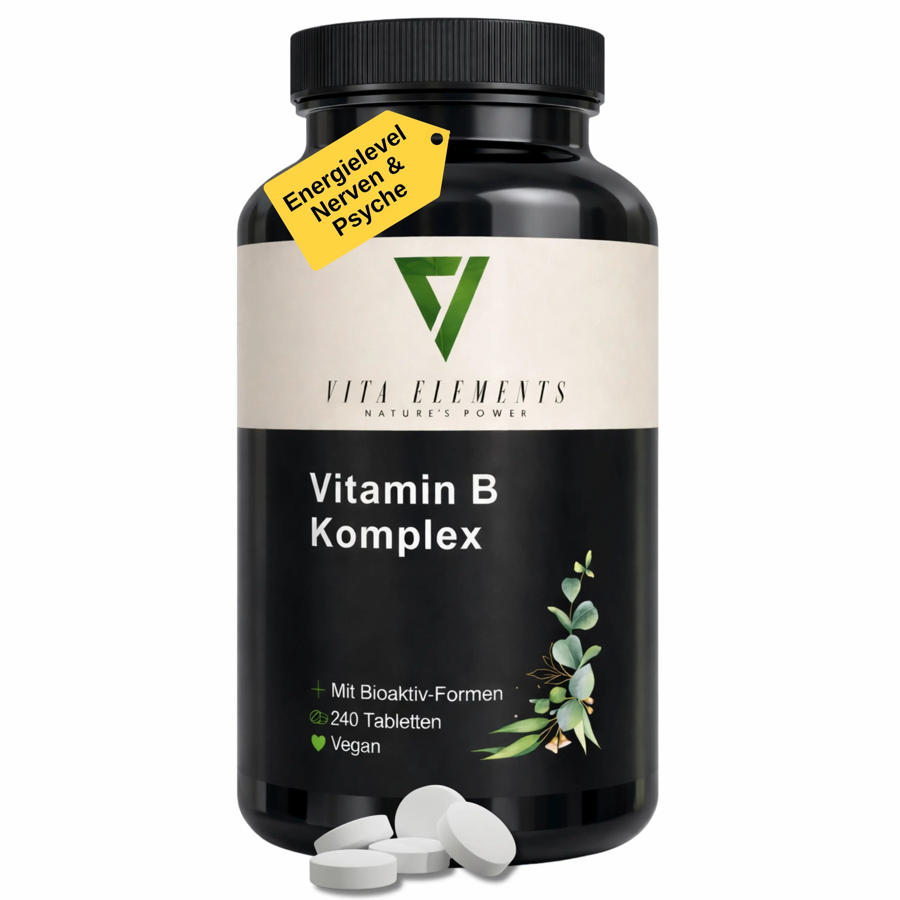 Schwarze Dose mit Vita Elements Vitamin B Komplex Tabletten, 240 Stück. Enthält eine gelbe Banderole.