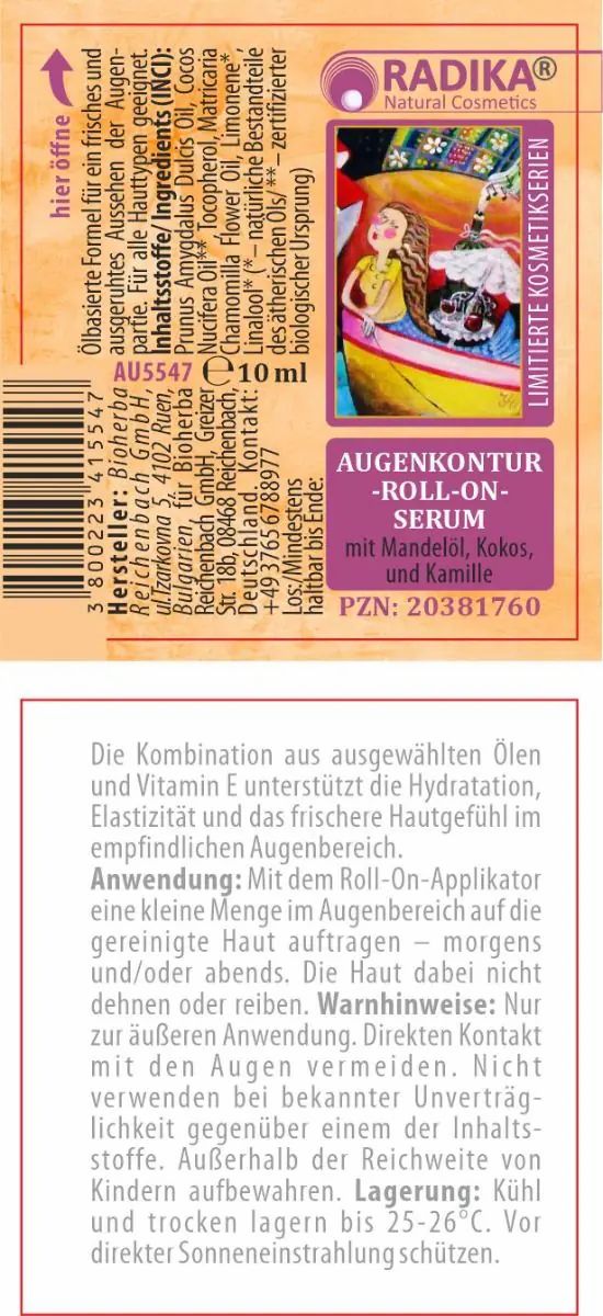 Etikett mit Produktinformationen. Text: Augenkontur-Serum, Mandelöl, Kokos, Kamille. Marke: RADIKA Natural Cosmetics. PZN 20381760.