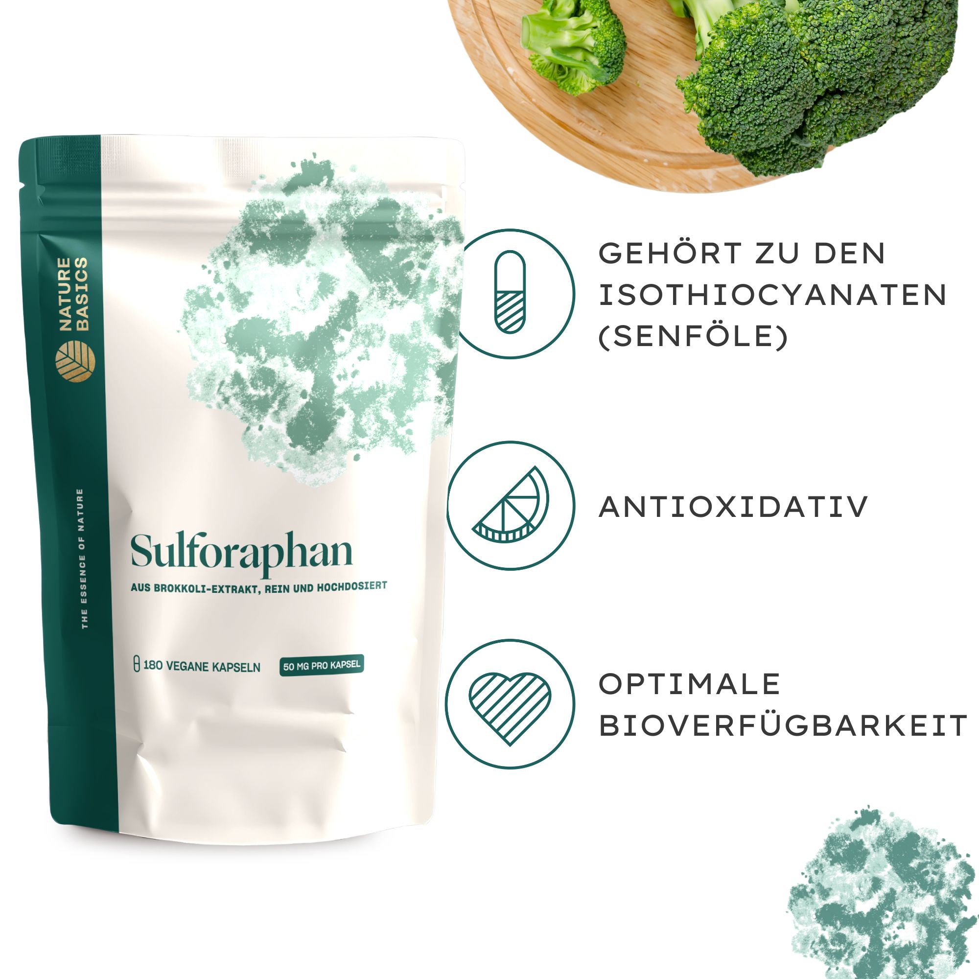 Beutel mit Kapseln. Text: Sulforaphan, 180 vegane Kapseln. Grafiken: Kapsel, Zitrone, Herz. Text: Antioxidativ, optimale Bioverfügbarkeit.