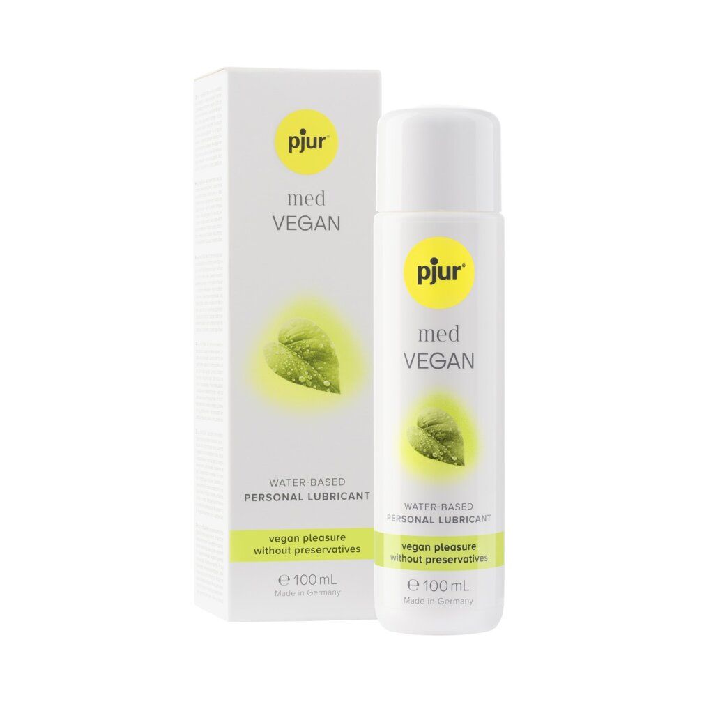 pjur med Vegan Gleitmittel in weißer Verpackung und Flasche. Aufschrift: med VEGAN, Wasserbasiert, vegan ohne Konservierungsstoffe.