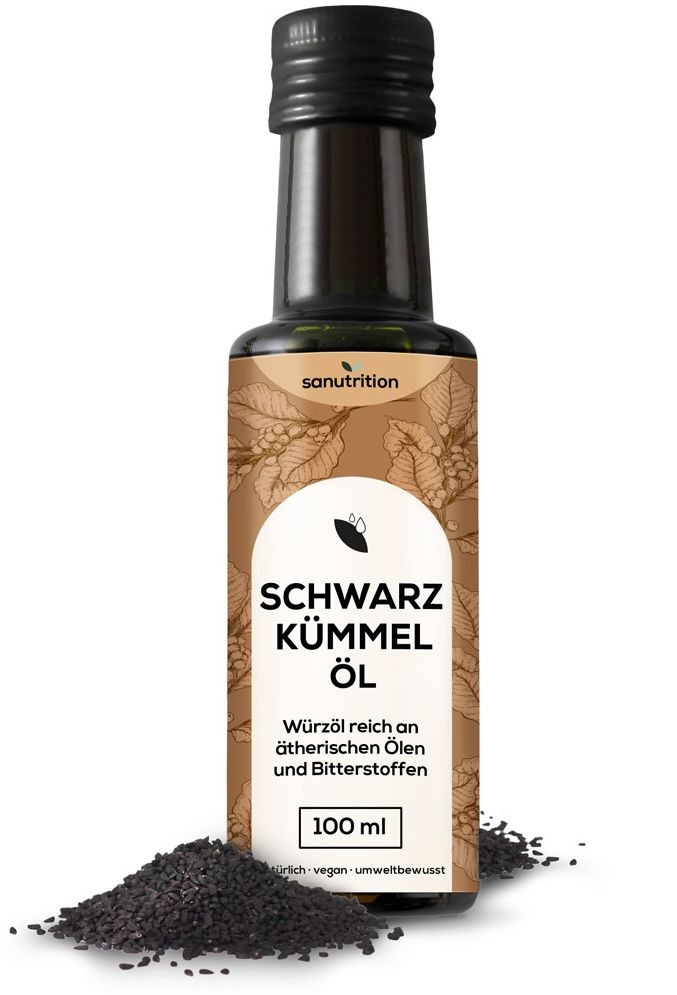 Braune Glasflasche mit schwarzem Deckel. Etikett mit Produktname und Logo. Schwarzkümmelsamen daneben. Text: "100 ml".