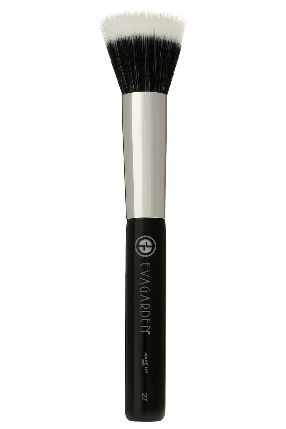 Make-up Pinsel mit schwarzem Griff, silberner Zwinge und weiß-schwarzen Borsten. Aufschrift: EVAGARDEN, MAKE UP, 27.