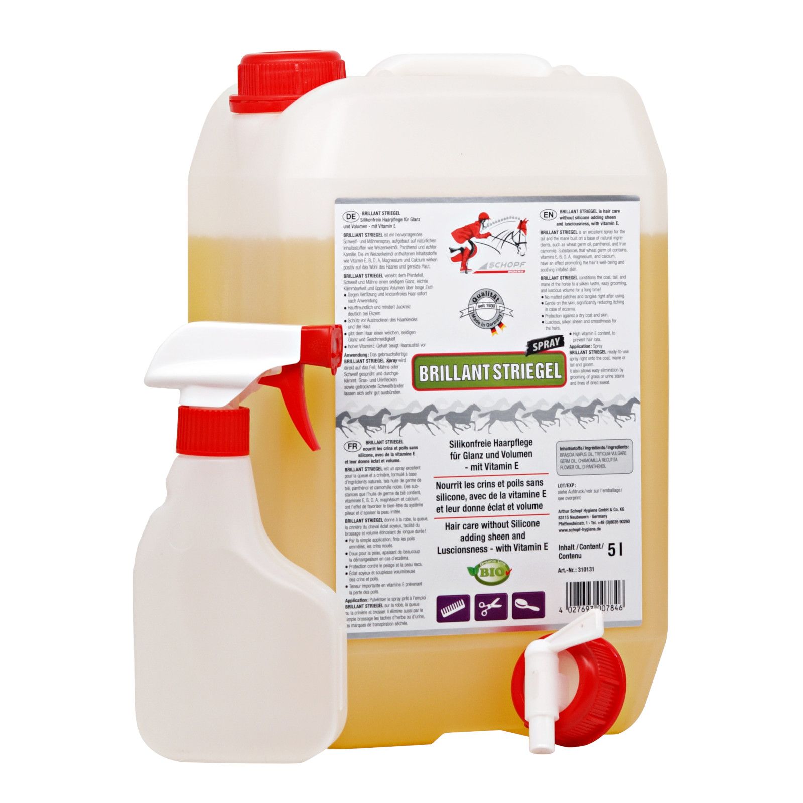 Großer, weißer Kanister mit rotem Deckel und Sprühflasche. Aufschrift: BRILLANT STRIEGEL. Enthält 5 Liter.