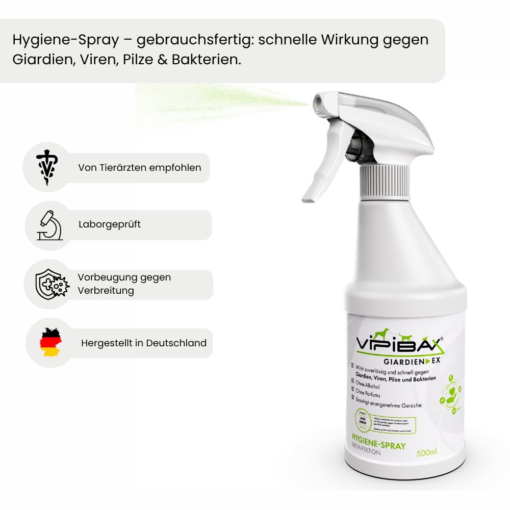 Weiße Sprühflasche mit grünem Aufdruck. Produktname: ViPiBaX Giardien EX®. Text: Von Tierärzten empfohlen, Laborgeprüft, hergestellt in Deutschland.